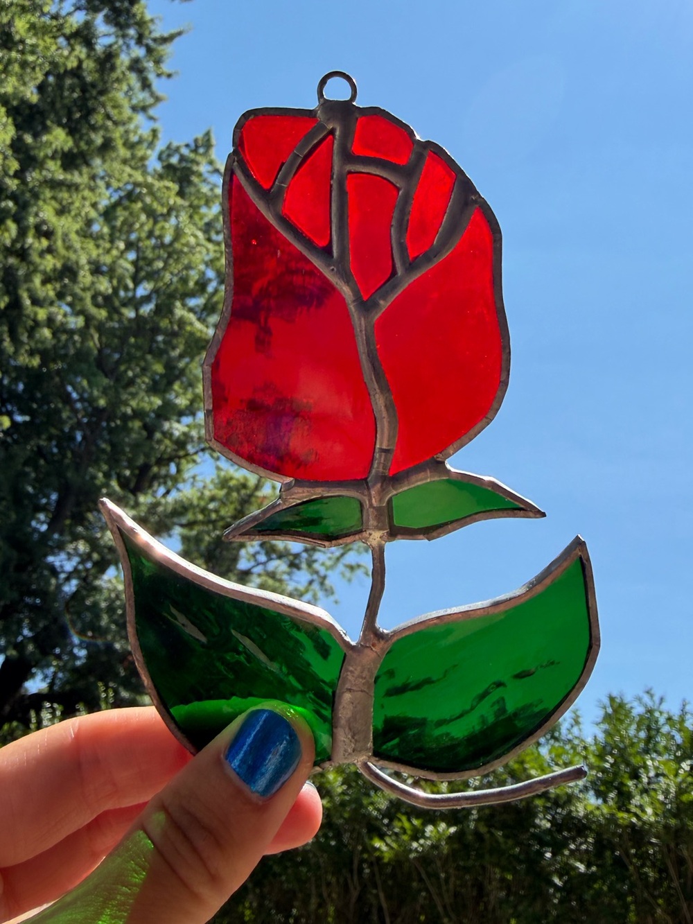 Vintage Red Stained Glass Rose Suncatcher